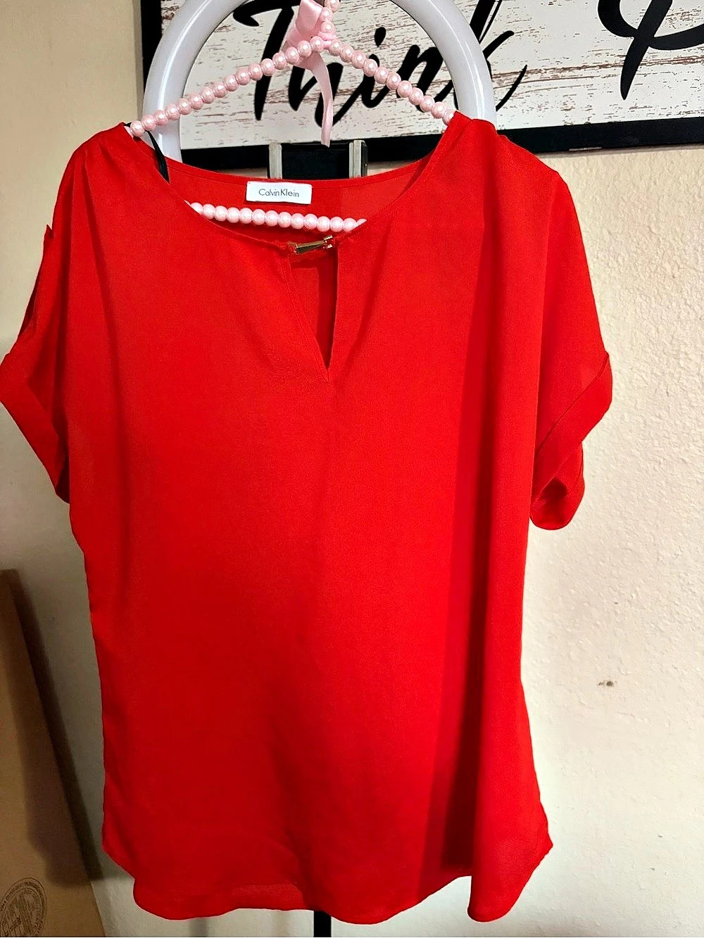 Calvin Klein Red Short Sleeve Blouse Like New